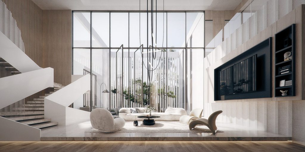 Maison monochrome moderne avec terrasse et marches calmes et confortables